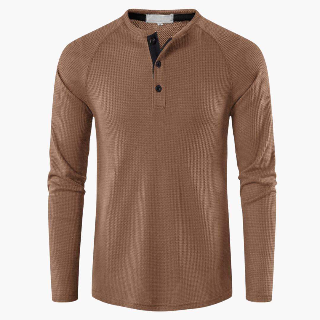 Men's Henley Long-Sleeve Top – Button Placket Textured Cotton Shirt