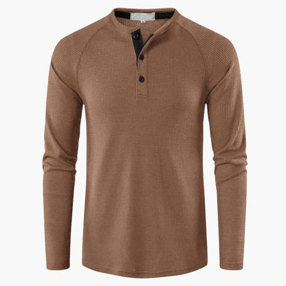 Men's Henley Long-Sleeve Top – Button Placket Textured Cotton Shirt