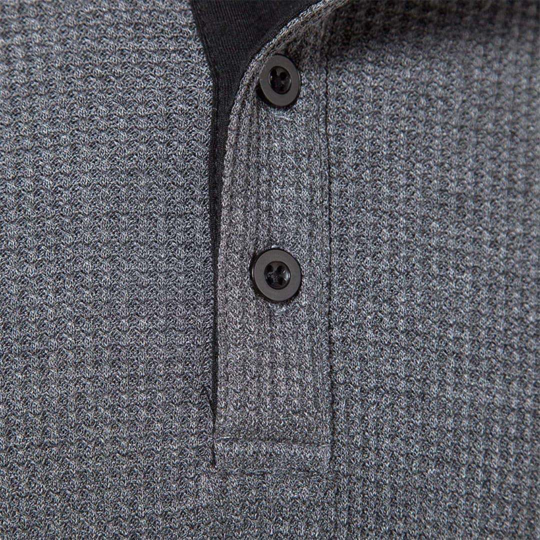 Men's Henley Long-Sleeve Top – Button Placket Textured Cotton Shirt