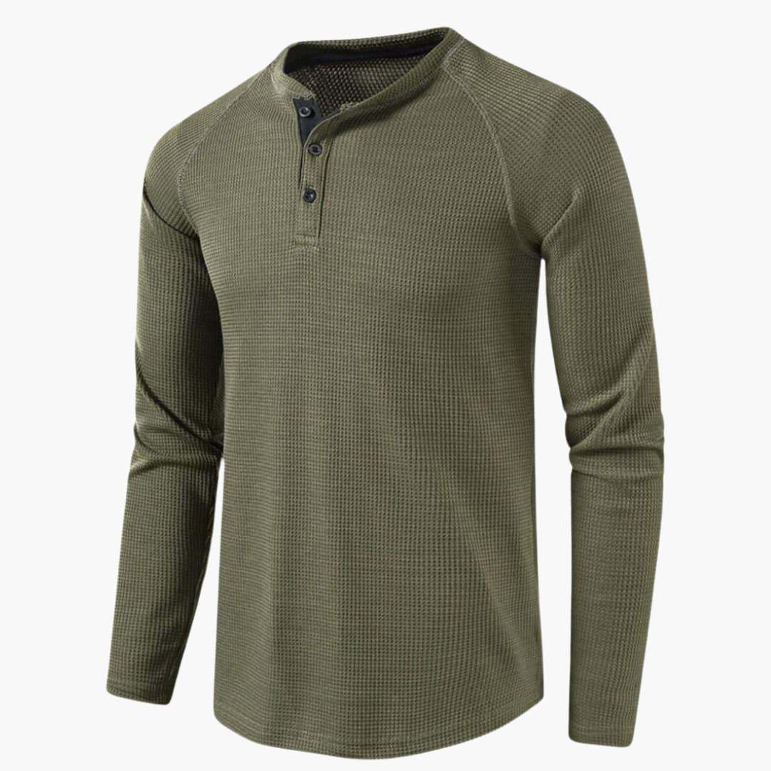 Men's Henley Long-Sleeve Top – Button Placket Textured Cotton Shirt