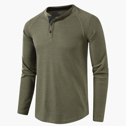 Men's Henley Long-Sleeve Top – Button Placket Textured Cotton Shirt