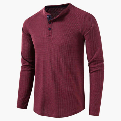 Men's Henley Long-Sleeve Top – Button Placket Textured Cotton Shirt