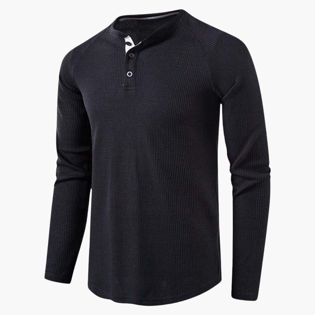 Men's Henley Long-Sleeve Top – Button Placket Textured Cotton Shirt
