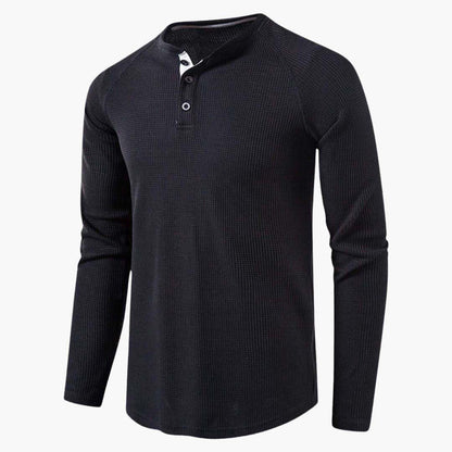 Men's Henley Long-Sleeve Top – Button Placket Textured Cotton Shirt