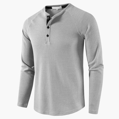 Men's Henley Long-Sleeve Top – Button Placket Textured Cotton Shirt