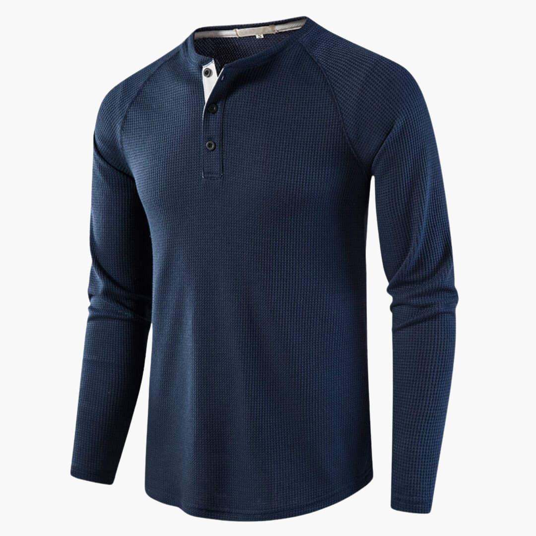 Men's Henley Long-Sleeve Top – Button Placket Textured Cotton Shirt