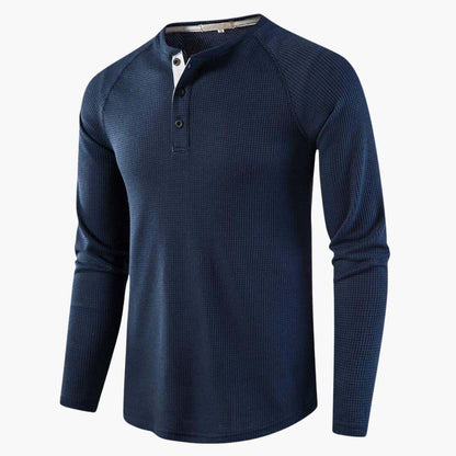 Men's Henley Long-Sleeve Top – Button Placket Textured Cotton Shirt