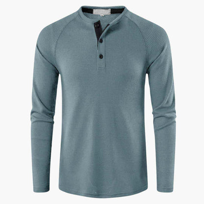 Men's Henley Long-Sleeve Top – Button Placket Textured Cotton Shirt