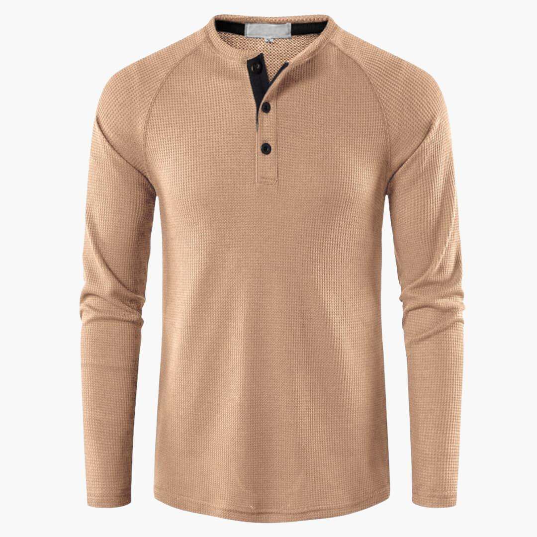 Men's Henley Long-Sleeve Top – Button Placket Textured Cotton Shirt