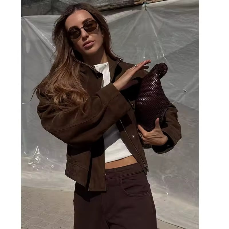 Women's Brown Suede-Look Utility Jacket – Rowan
