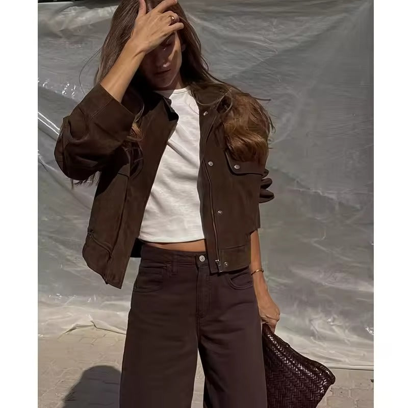 Women's Brown Suede-Look Utility Jacket – Rowan